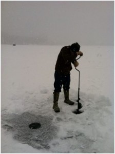 You’ve got to work for your dinner: ~18 inches of ice on Georgetown Lake this year.
